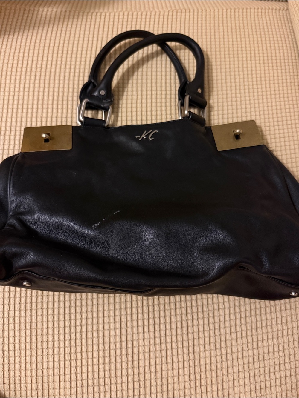 Kenneth Cole Black Leather Tote Bag with Gold Accents